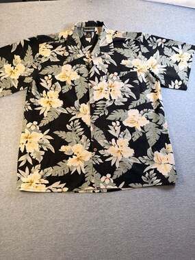 Montage Collection Silk Hawaiian Shirt Size L Black Floral Camp
